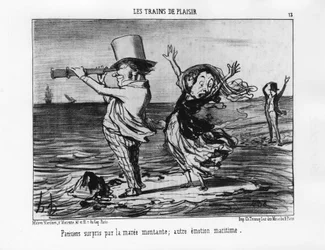 Les Trains de plaisir: Pariser überrascht von der steigenden Flut; andere maritime Emotion - von Daumier „Les chemins de fer“, in „Charivari“ vom 18.09.1852.