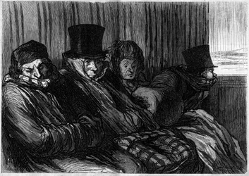 Vergnügungszüge: 10 Grade von Langeweile und schlechter Laune. Karikatur von Honore Daumier. Gravur in „Le Monde Illustré“ Nr. 249 vom 18. Januar