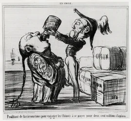 Zweiter Opiumkrieg (1856-1860): Im Jahr 1858 stimmte die chinesische Regierung zu, den Handel mit Opium zu legalisieren. „Die Gelegenheit nutzen, um die Chinesen zu verpflichten, zweihundert Millionen Opium zu bezahlen“, in der Serie En Chine, Illustration