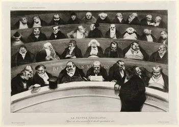 Der gesetzgebende Bauch: Ansicht der Ministerbänke in der improvisierten Kammer von 1834 (Lithographie)