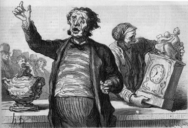 Das Hotel der Auktionatoren: der öffentliche Ausrufer. Karikatur von Honore Daumier (1808-1879). Gravur in „Le Monde Illustré“ Nr. 551 vom 2. Januar