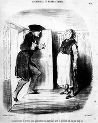 Unbequem zu besuchen, ohne Vorsicht, ein Zwischengeschoss, dessen Decke etwas zu niedrig ist, aus Mieter und Eigentümer, Karikaturenserie von Honoré Daumier (1808-1879). Charivari