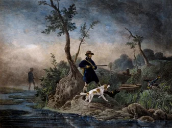 Entenjagd im Sumpf, Gravur nach einem Gemälde von Horace Vernet