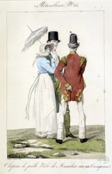 Modegravur von Horace Vernet (1789 - 1863) um 1810 für die Nummer 25 eines „Marvelous“, Darstellung der Damenmode (Strohhut und Chiffonkleid) und der Herrenmode