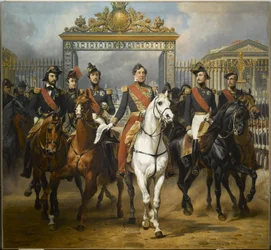 König Louis-Philippe umgeben von seinen fünf Söhnen, die durch das Ehrentor des Schlosses von Versailles nach einer Militärparade in den Höfen am 10. Juni 1837 hinausgehen.