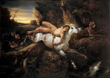 Mazeppa. Illustration zu einem Gedicht von Lord Byron oder Victor Hugo: Der Held Mazeppa wird, nachdem er einen Edelmann beleidigt hat, an ein wildes Pferd gebunden. Gemälde von Émile Horace Vernet (1789-1863), 19. Jahrhundert, Avignon, Musée Calvet