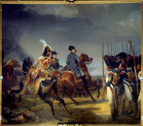 Die Schlacht von Jena am 14.10.1806, Kaiser Napoleon I. (1769-1821), Joachim Murat und Louis Alexandre Berthier überprüfen die Garde