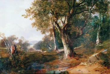 Waldlandschaft mit Schloss in der Ferne, ca. 1865