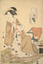 Die Oiran Hinazuru von Chojiya, die einen Rundfächer hält, ca. 1794