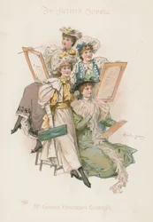 Gruppe von vier gut gekleideten Frauen mit Zeichenbrettern