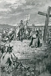 Jacques Cartier (1491-1557) errichtet ein Kreuz in Gaspé, Illustration aus 
