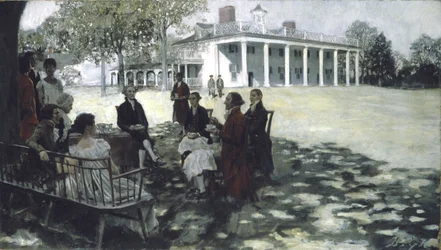 Martha und George Washington unterhalten ihre Freunde auf dem Rasen von Mount Vernon, 1898
