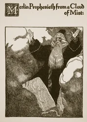 Merlin prophezeit aus einer Nebelwolke, Illustration aus 