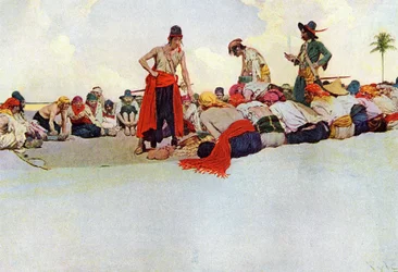 Aufteilung des Schatzes unter den Piraten, die im Kreis versammelt sind. Illustration aus „Book of Pirates Buccaneers and Marooners of the Spanish Main“ von Howard Pyle (1853-1911), amerikanischer Illustrator