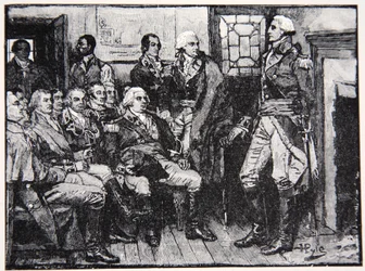 Washington und seine Generäle in Beratung, 15. März 1783, Illustration aus Harper