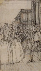 Literarische Illustration mit zwei Damen und zwei Herren auf einer Straße