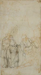 Unidentifizierte literarische Illustration mit einer Gruppe von Figuren um eine liegende Figur in der Landschaft
