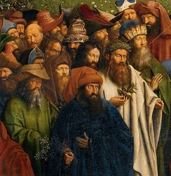 Detail der Anbetung des mystischen Lammes, vom Genter Altar, untere Hälfte des zentralen Panels