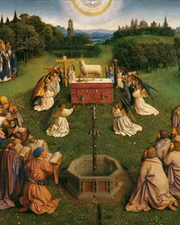 Die Anbetung des mystischen Lammes, vom Genter Altar, Detail der unteren Hälfte des zentralen Panels