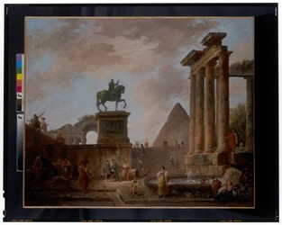 Ein Capriccio mit Troubadouren und Wäscherinnen an einem Becken zwischen römischen Ruinen, dahinter eine Pyramide, ca. 1780