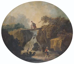 Landschaft mit Wasserfall und Brücke