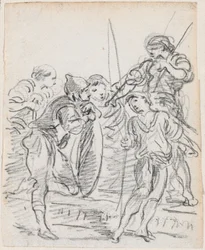 Gruppe von männlichen Figuren im Gespräch