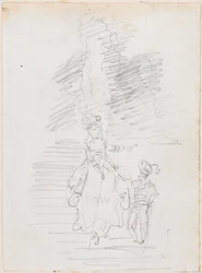 Frau und kleinere männliche Figur auf großer Treppe [recto]