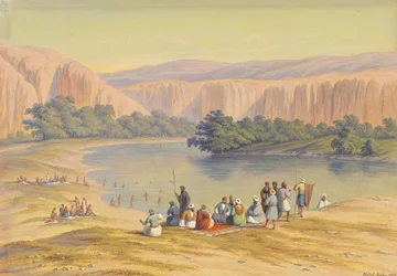 Badeszene mit Orientalen an einem Binnensee