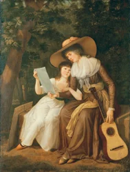 Doppelporträt von Mary, Countess of Erne, mit ihrer Tochter Lady Caroline Crichton, später Lady Wharncliffe, ganzfigurig, sitzend, erstere in einem braunen Kleid mit gelbem Band, einen großen Strohhut tragend