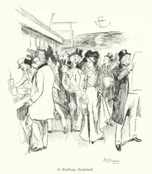 London: Ein Eisenbahnbuchstand (Farblithographie)