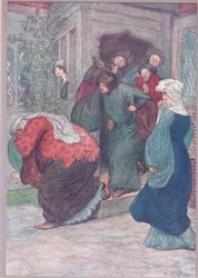 Raus aus meiner Tür, du Hexe, Illustration aus Die lustigen Weiber von Windsor, 1910