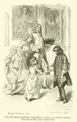 Die kleine Beatrix fordert den jungen Henry auf, mit ihren Eltern, Viscount und My Lady Castlewood, zu kommen (Gravur)