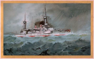 S.M.S. Linienschiff Brandenburg (Wappen roter Adler auf weißem Schild, S.M.S. Wörth = schwarzer Kaiseradler auf goldenem Schild)
