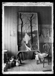 Im Atelier, auf Böcken das Fresko Der Strom des Lebens