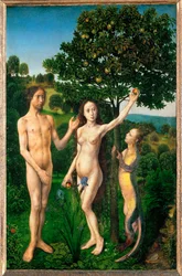 Der Sündenfall. Adam und Eva von der Schlange versucht