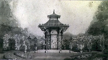 Entwurf für eine Voliere und Pergola im chinesischen Stil