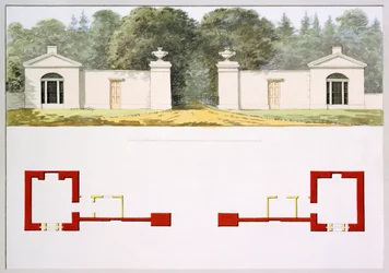 Aufriss und Grundrisse des vorgeschlagenen neuen Eingangstors und der Lodges, aus dem Roten Buch für Antony House, ca. 1812