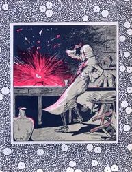 Ein Alchemist des 18. Jahrhunderts auf der Suche nach dem Stein der Weisen, erschafft einen Embryo oder Homunkulus mit einem Topas, aus 