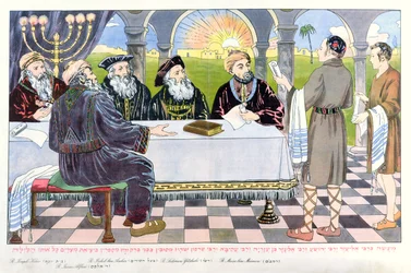 Gelehrte am Tisch von Maimonides, aus einer Pessach-Haggada