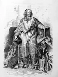 Graviertes Porträt von Jacques-Bénigne Bossuet, Bischof von Meaux nach Hyacinthe Rigaud (Musée du Louvre) - in „Geschichte Frankreichs“ von Guizot