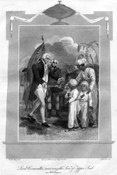 Lord Cornwallis 1738-1805 empfängt die Söhne von Tippoo Saib als Geiseln, 1816