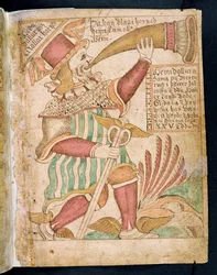 Heimdal bläst sein Horn vor Ragnarok, aus Melsteds Edda (Feder & Tinte und Aquarell auf Papier)