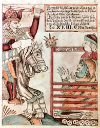 Hermod reitet auf Sleipnir, dem berühmten achtbeinigen Pferd seines Vaters, an den verschlossenen Toren des Königreichs Hel