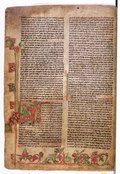 Historiierte Initiale D am Anfang der Saga von Olaf Tryggvason, aus Flateyjarbok (Das Buch von Flatey) spätes 14. Jahrhundert