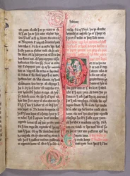 Historiierte Initiale P, die zwei Kaufleute darstellt, aus dem Anfang des Abschnitts über den Handel, aus Skarosbok (Das Buch von Skard) ca. 1350