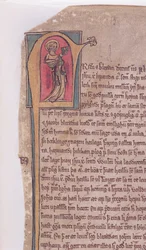 Historiierte Initiale am Anfang der Saga der zwei Apostel Johannes und Jakob, aus Codex Scardensis, ca. 1360