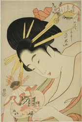 Die Kurtisane Hanahito von Ogiya und die Begleiterinnen Sakura und Momiji, aus der Serie "Schönheiten der fünf Feste"