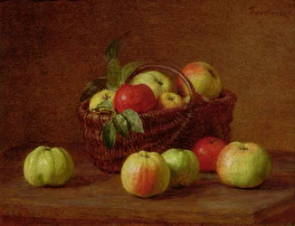 Äpfel in einem Korb und auf einem Tisch