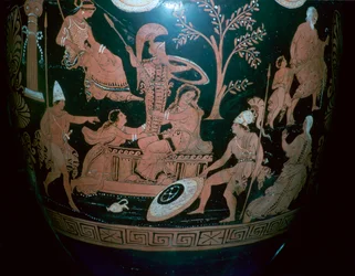 Griechischer rotfiguriger Volutenkrater mit Szene aus der Eroberung Trojas