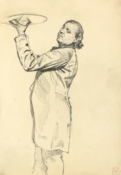 Studie für "Ein Pariser Café": Ein Kellner, der ein Tablett hochhält, ca. 1872-1875